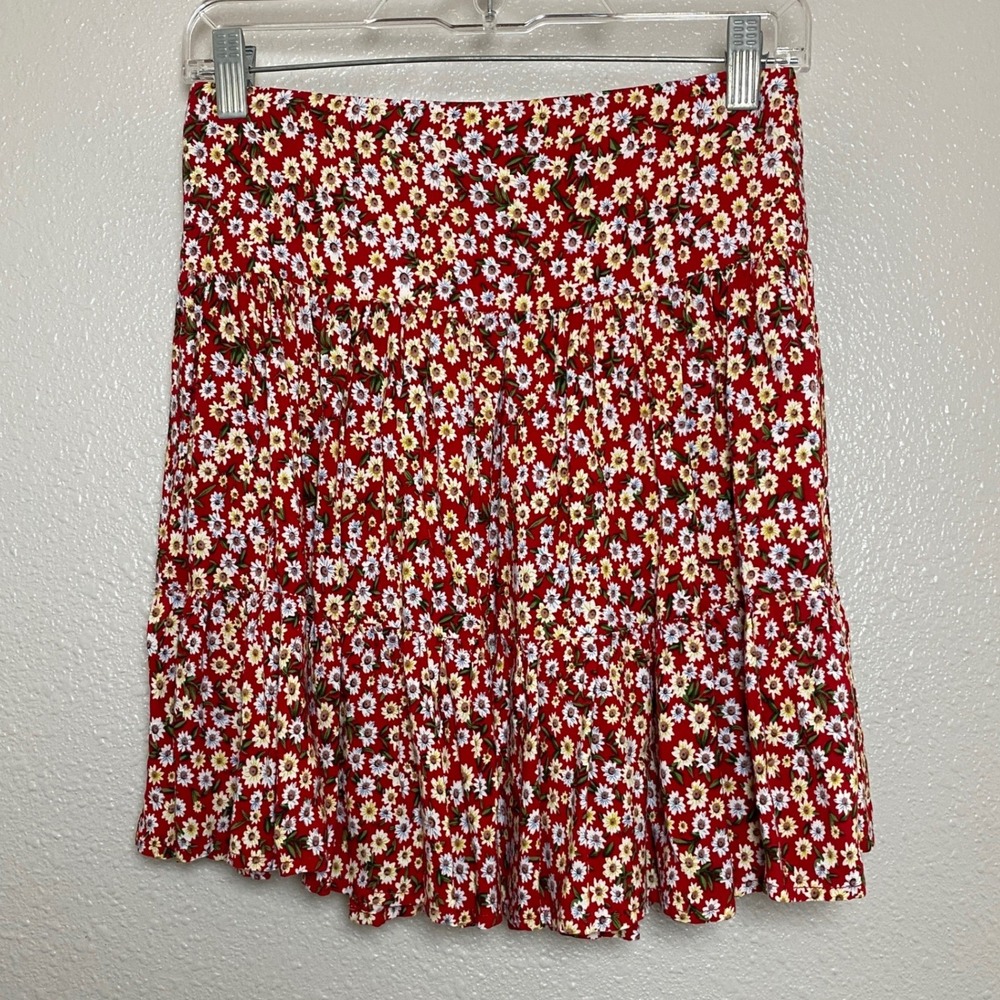 Natural Life Red Daisy Print Smocked Tiered Ruffle Mini Skirt XS/S Bohemian Boho